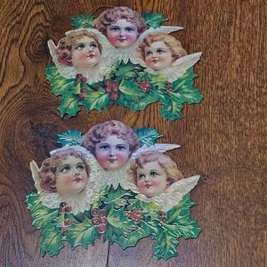 2 Shackman & Co Triple Angels Cardboard hanging Vintage Christmas Ornaments 1993